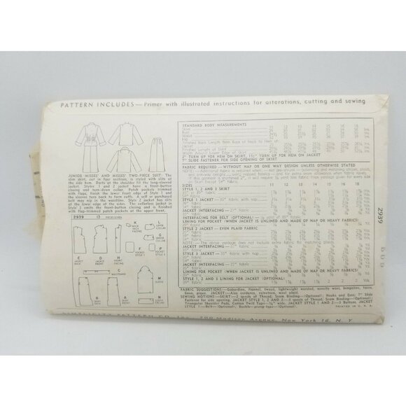 Simplicity 1949 Sewing Pattern #2939 Junior Misses & Misses Two Pc Suit Size 16 - Picture 3 of 3